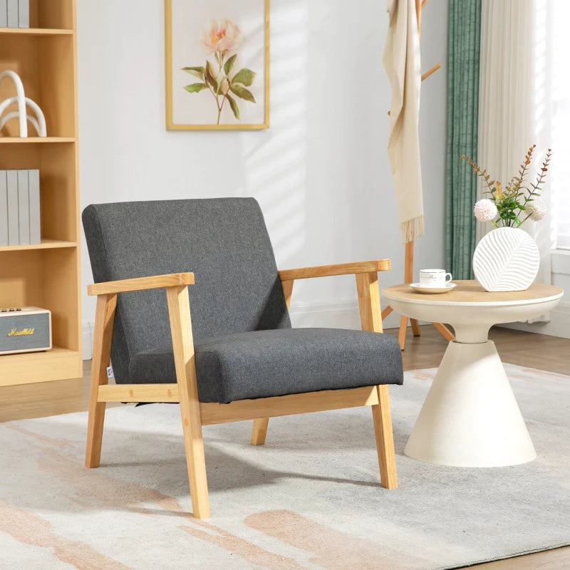 Stylish Dark Grey Fabric Accent Chair with Rubber Wood Frame and Comfortable Padded Cushion for Living Room