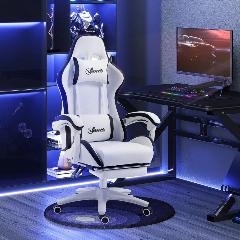 Vinsetto Gaming Chair with Footrest - PU Leather Office Desk Chair, 135° Recline, Lumbar Support, Headrest, White & Black