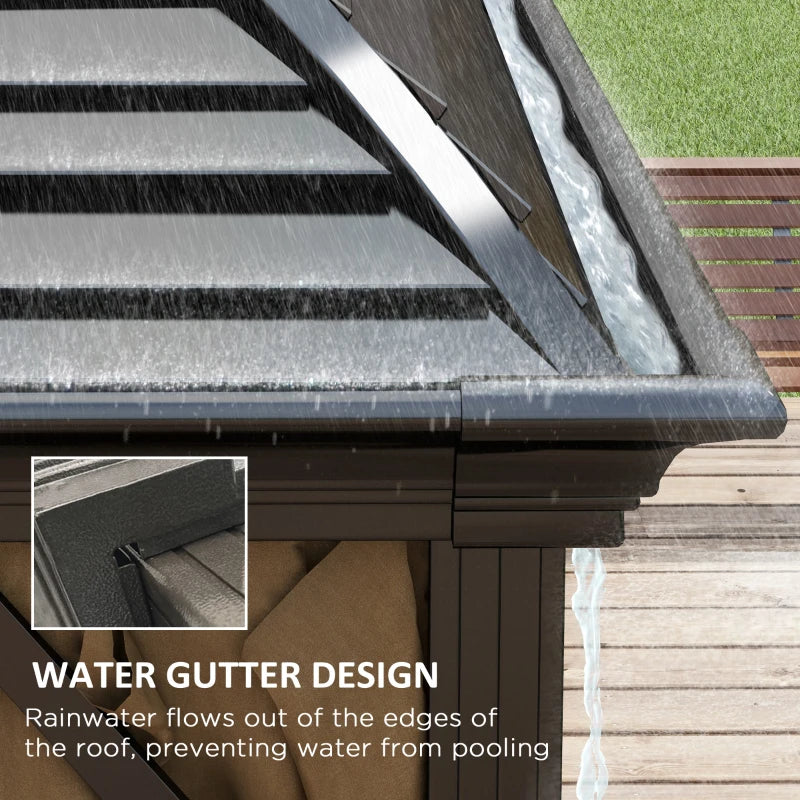 3 x 4m Hardtop Gazebo Canopy - Brown Aluminium Pavilion with Metal Roof, Netting & Curtains