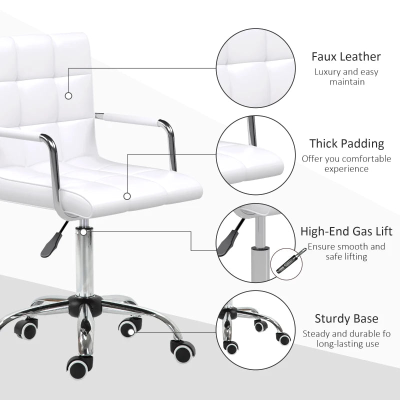 Vinsetto White Makeup Vanity Chair - PU Leather Mid Back Office Chair with Adjustable Height, Armrests & Rolling Wheels
