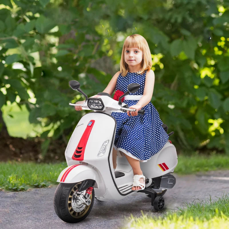 Licensed 12V Kids Electric Vespa Motorbike with Music Headlights FM Radio for Ages 3-6 White