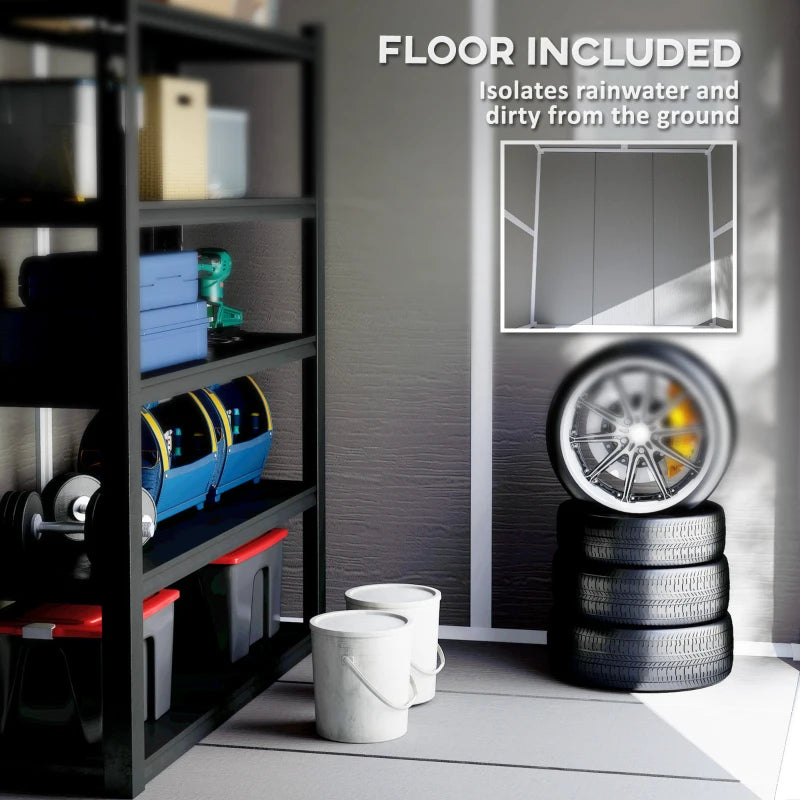 6 x 5ft Dark Grey Plastic Garden Shed with Floor, Window, Lockable Doors and Vents - Wood Effect Resin Tool Storage for Outdoor Patio