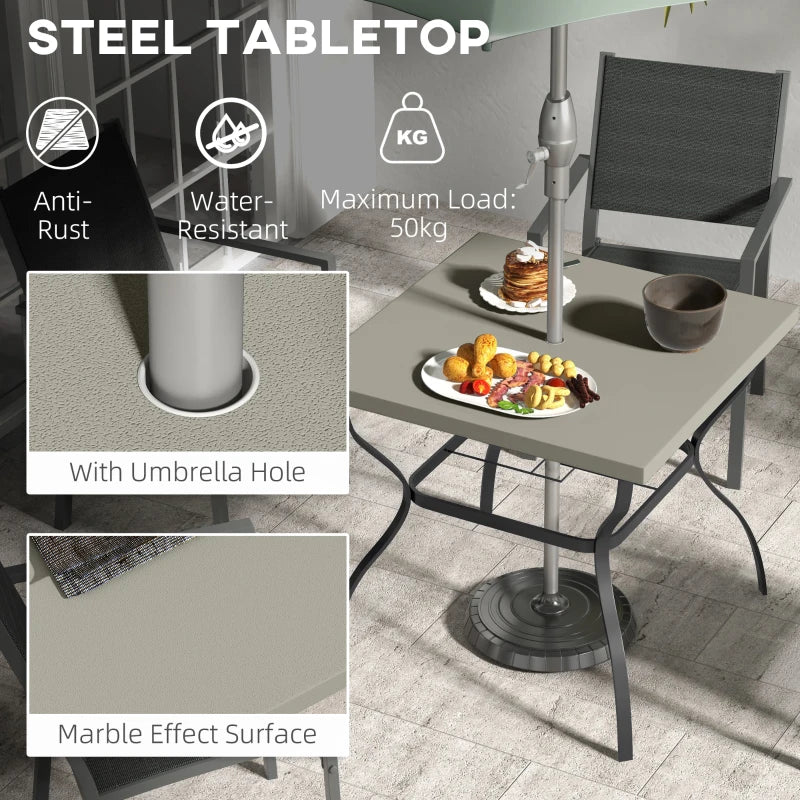 Steel Garden Table Set with Parasol Hole - Grey/Black, 4-Seater