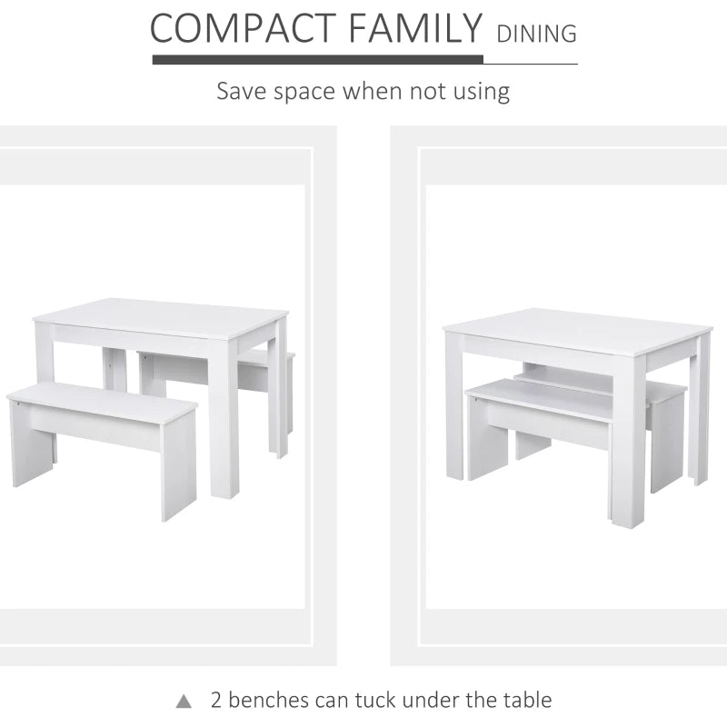 Compact White Kitchen Dining Table Set with 2 Benches - Space-Saving Table and Chairs for Small Areas