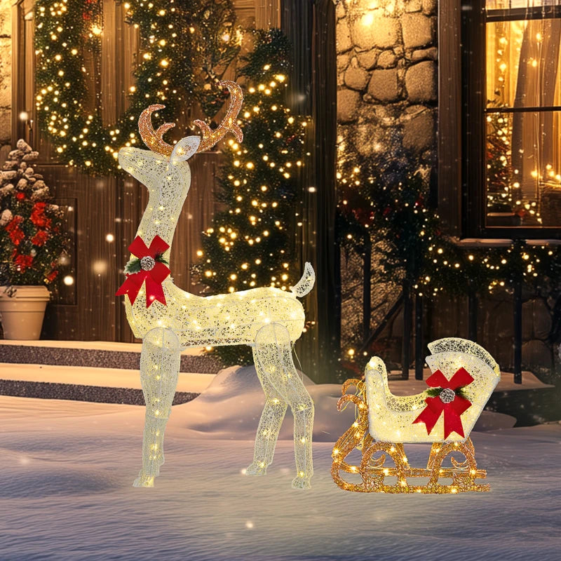 170 LED Light Reindeer and Sleigh Christmas Decoration - Festive Outdoor Holiday Display for Home and Garden