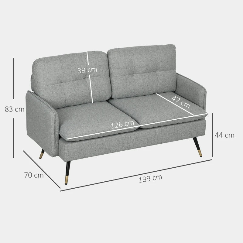 Modern Grey Two-Seater Sofa with Button Tufting and Cushions for Living Room or Guest Room