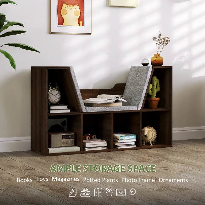 Chestnut Bookcase Storage Shelf with Cushioned Reading Seat - Cube Bookshelf Organizer for Bedroom & Living Room