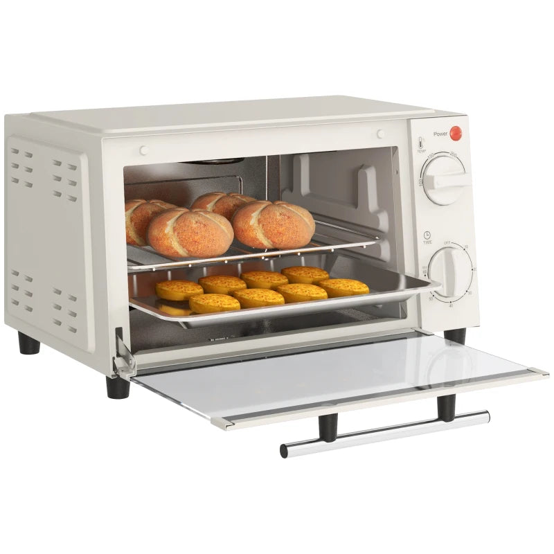 Compact 9L Mini Oven & Electric Grill - Adjustable Temp, Timer, Dishwasher Safe Tray, 750W, Cream Color - Perfect for Small Spaces