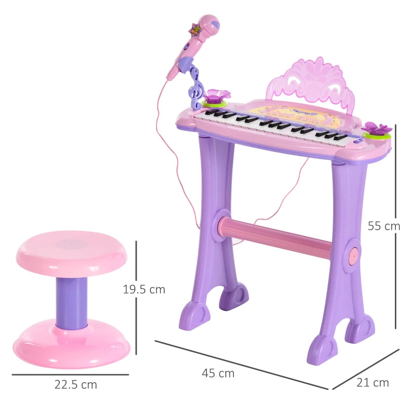 32 Keys Kids Mini Electronic Keyboard - Educational Musical Instrument Toy with Stool & Microphone for Children - Grand Piano Style