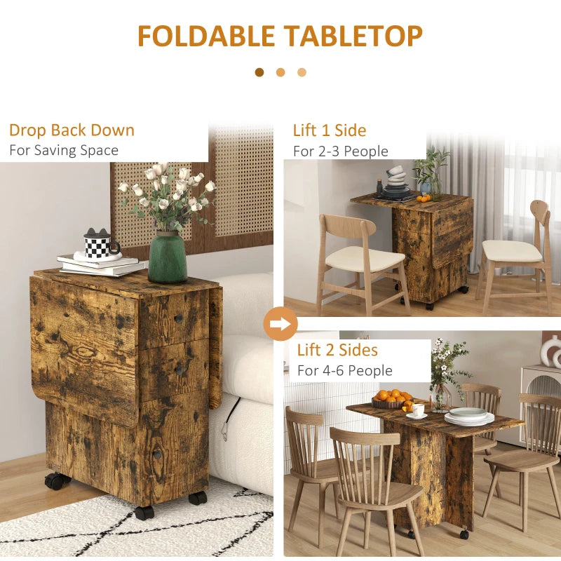 Rustic Brown Multi-Storage Drop Leaf Dining Table for Six - Space-Saving Design, Perfect for Family Gatherings
