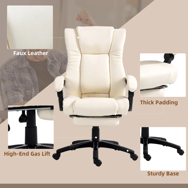 Vinsetto Cream White PU Leather Office Chair - Swivel Computer Chair with Footrest, Adjustable Height & Wheels