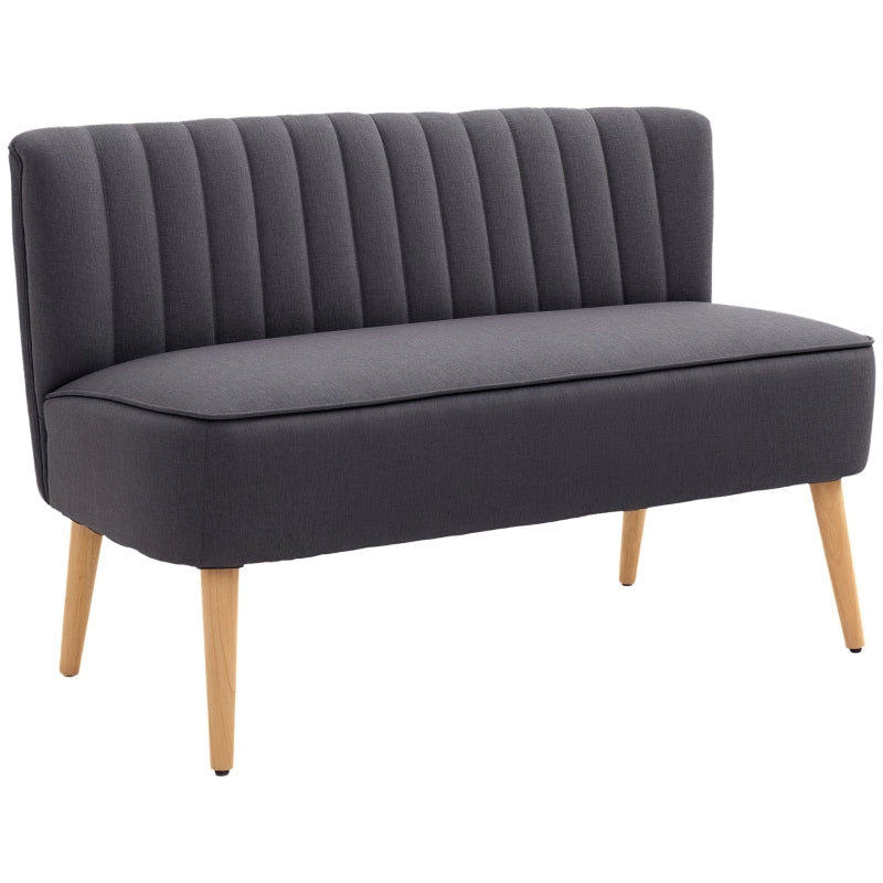 Modern Compact Double Seat Sofa Loveseat in Dark Grey with Padded Linen and Wooden Legs