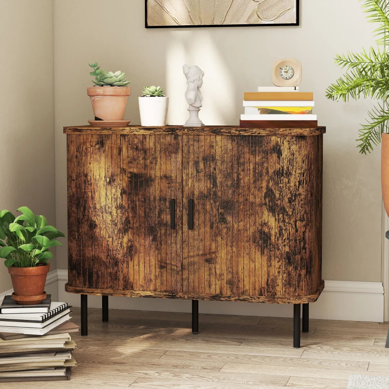 Mid-Century Modern Sideboard Storage Cabinet with Slatted Tambour Doors - Rustic Brown Kitchen Cabinet with Steel Legs