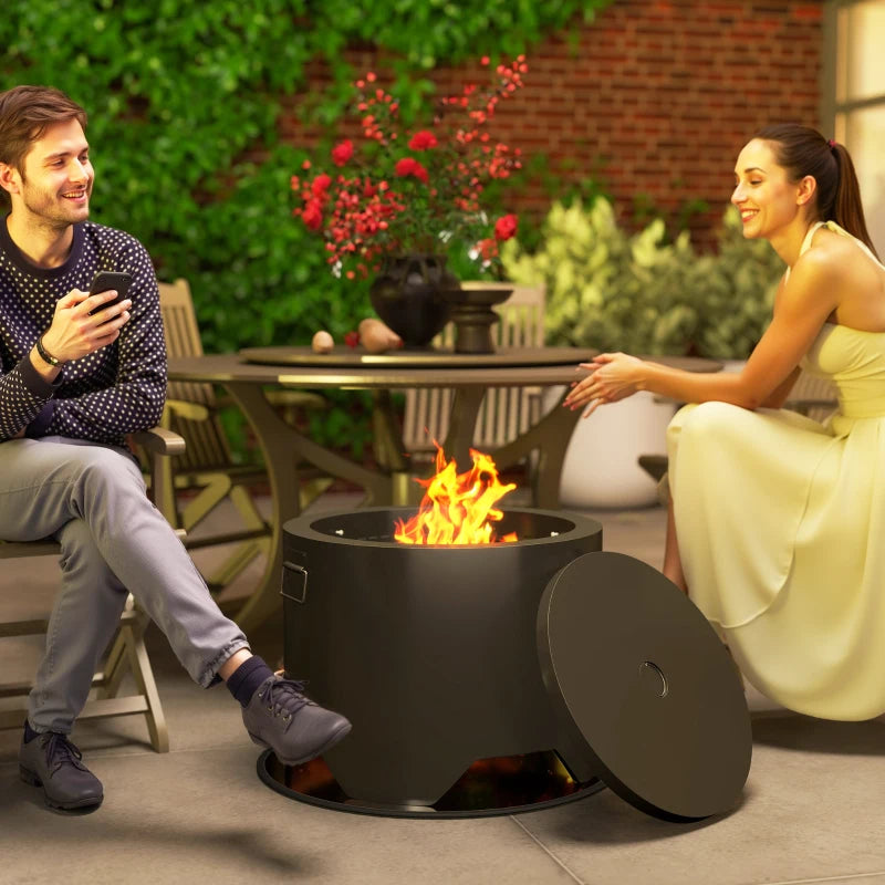Outdoor Round Fire Pit with Lid & Poker - Durable Black Steel Design for Backyard Patio Heating & Ambiance