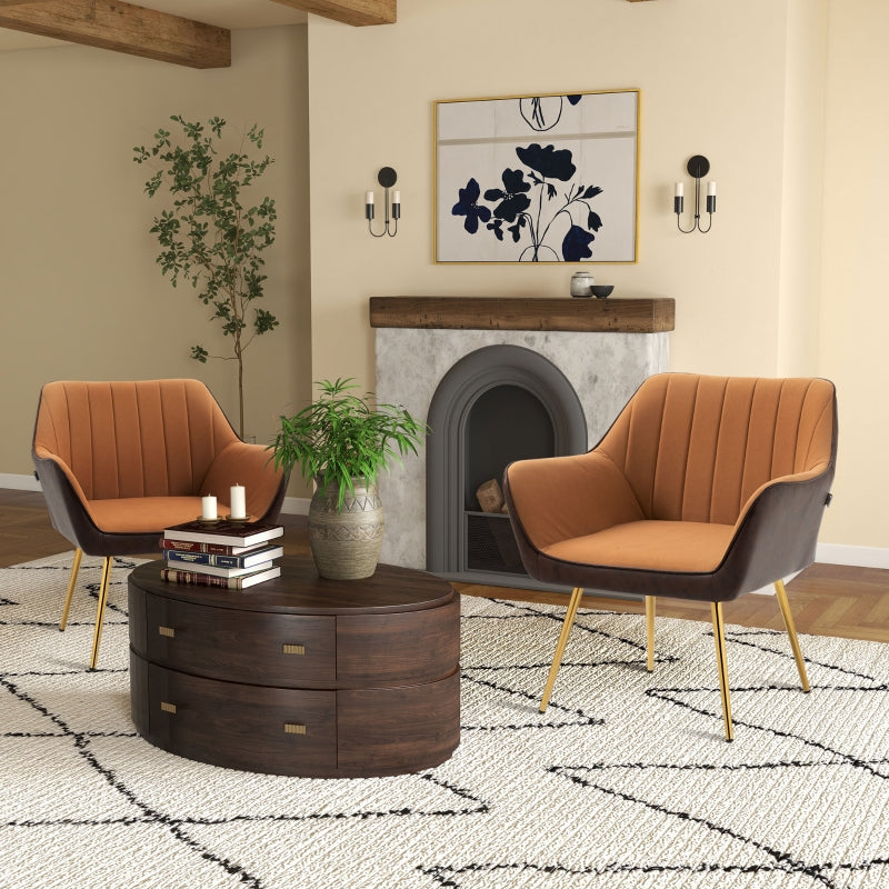 Set of 2 Velvet Accent Chairs with Gold Legs for Modern Living Room and Bedroom, Light Brown Upholstery