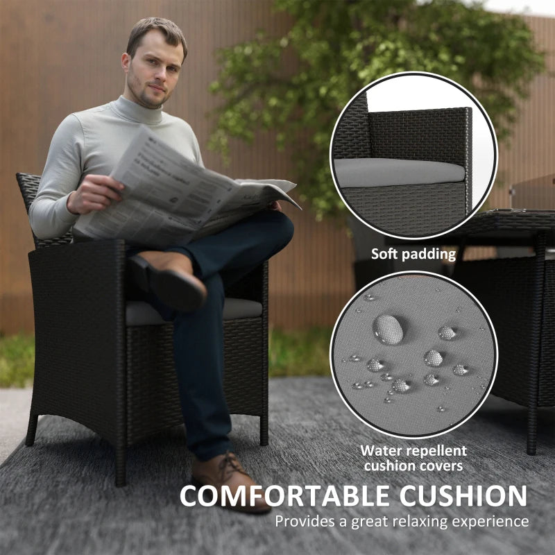 7-Piece Black Outdoor Rattan Garden Furniture Set with Fire Pit Table, 6-Seater Dining Set with Cushions and Propane Heater, 50,000 BTU