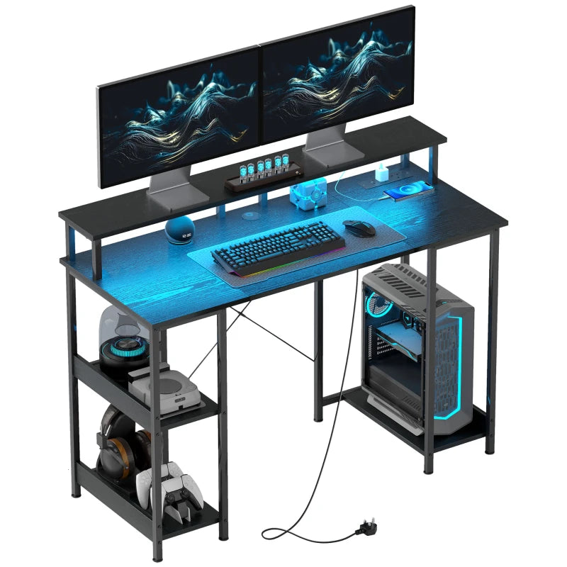 Modern LED Computer Desk with Power Outlets & Shelves - Stylish Black Home Office Furniture