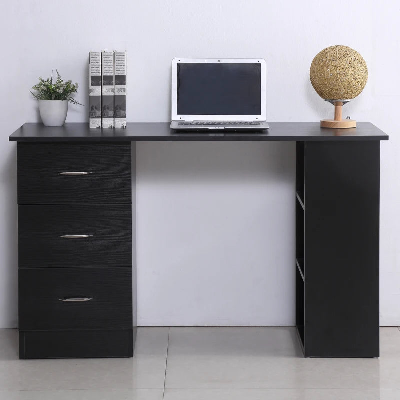 Modern Black Computer Desk with 3 Storage Shelves & Drawers, Stylish Writing Table for Home Office, Silver Handle Workstation