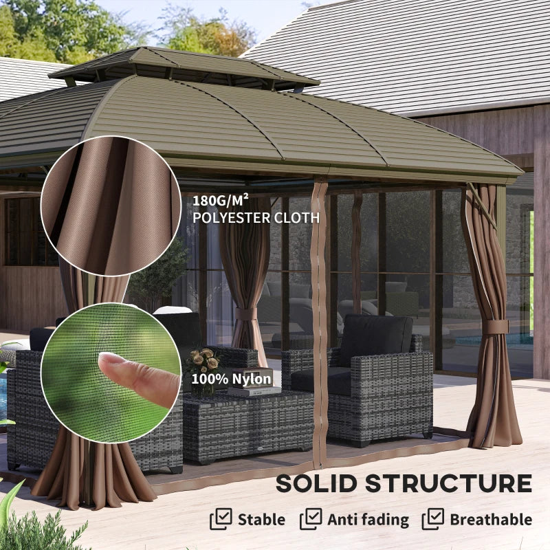 3.65m x 3m Hardtop Steel Gazebo Canopy - Aluminium Frame, Double Roof, Net Sidewalls & Curtains in Coffee
