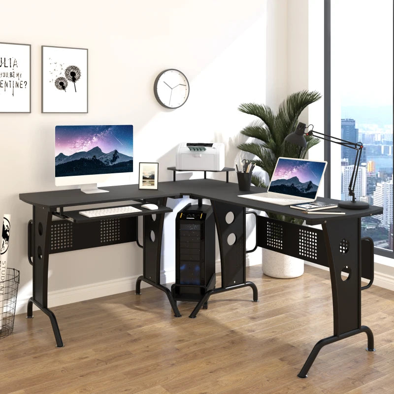 L-Shaped Gaming Desk with CPU Rack & Keyboard Tray - Space-Saving Steel Frame Home Office Desk, 165x145cm, Black