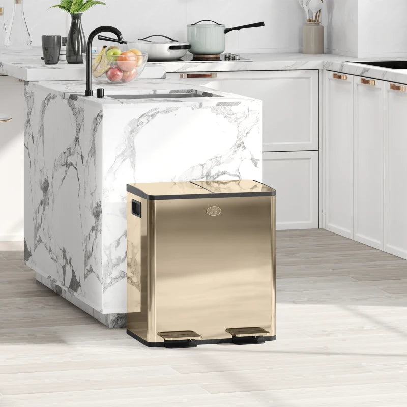 40L Dual Compartment Stainless Steel Trash Bin with Deodoriser Holders - Elegant Gold Tone for Modern Kitchens