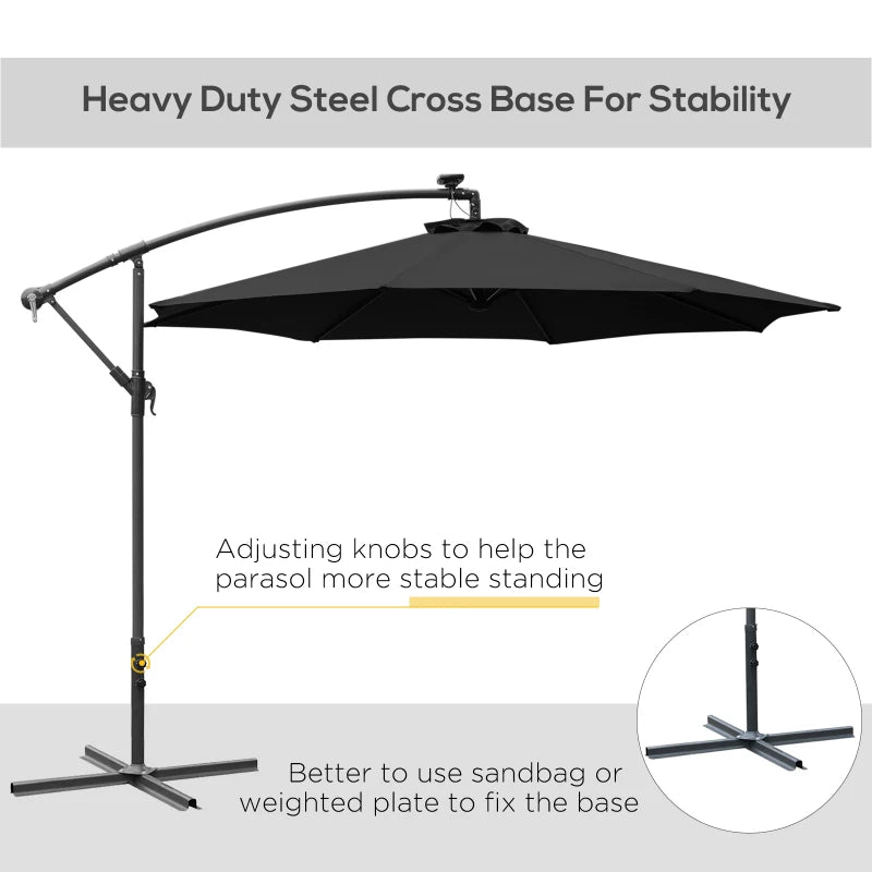 Black 3m LED Cantilever Patio Umbrella with Crank Cross Base