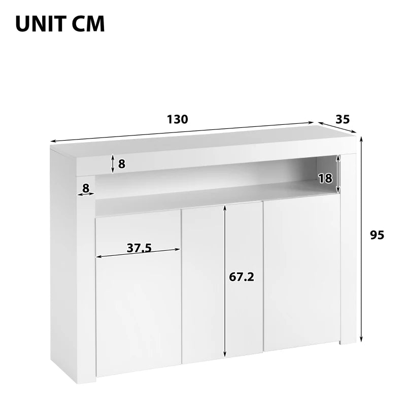 Modern White Sideboard Cabinet with LED Lights - High Gloss 3-Door Kitchen Unit, Remote Control, 130x35x95 cm
