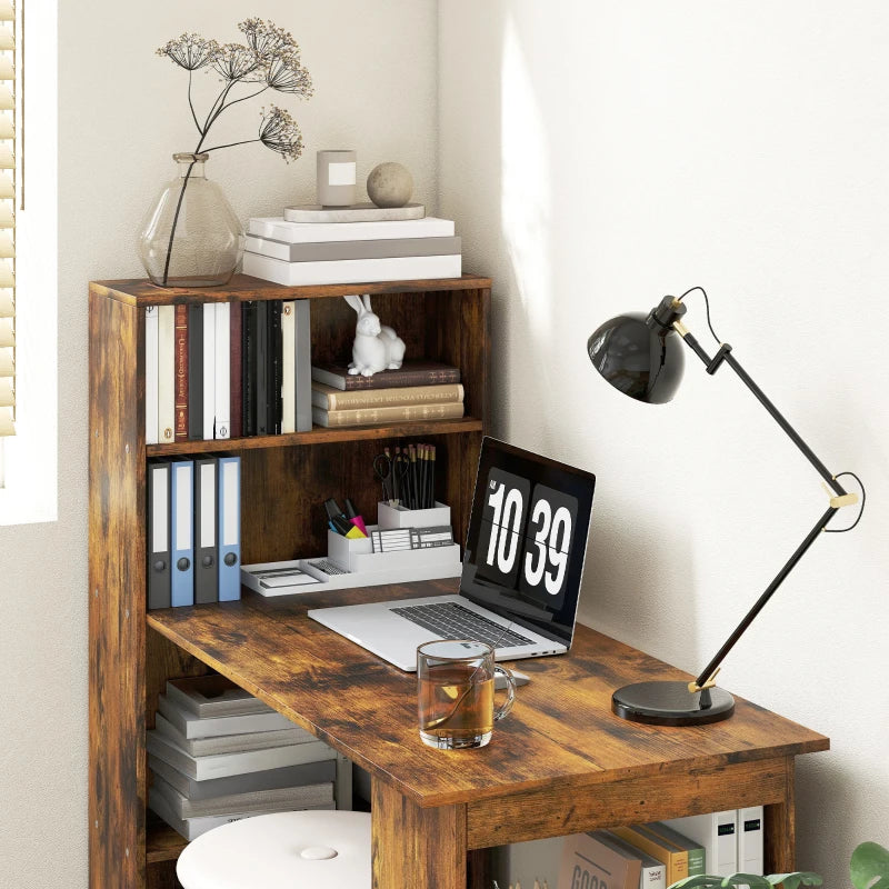 120cm Rustic Brown Wooden Computer Desk with 6-Tier Bookshelves - Home Office Laptop Table & Writing Workstation