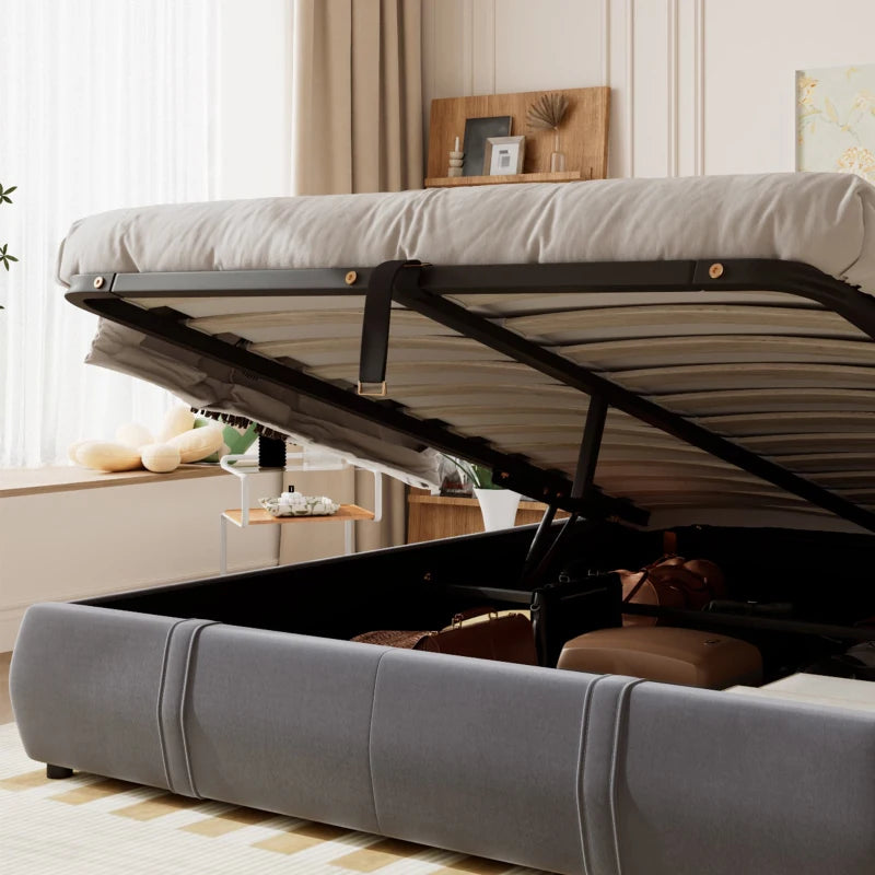 Upholstered Hydraulic Storage Bed with Removable Velvet Headboard - Grey, 210x159x90 cm, Stylish & Functional Bedroom Furniture