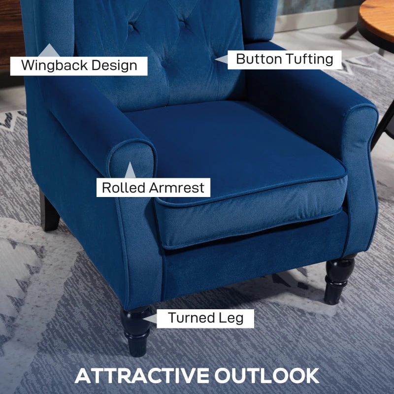 Retro Upholstered Wingback Accent Chair with Button Tufting for Living Room and Bedroom in Blue