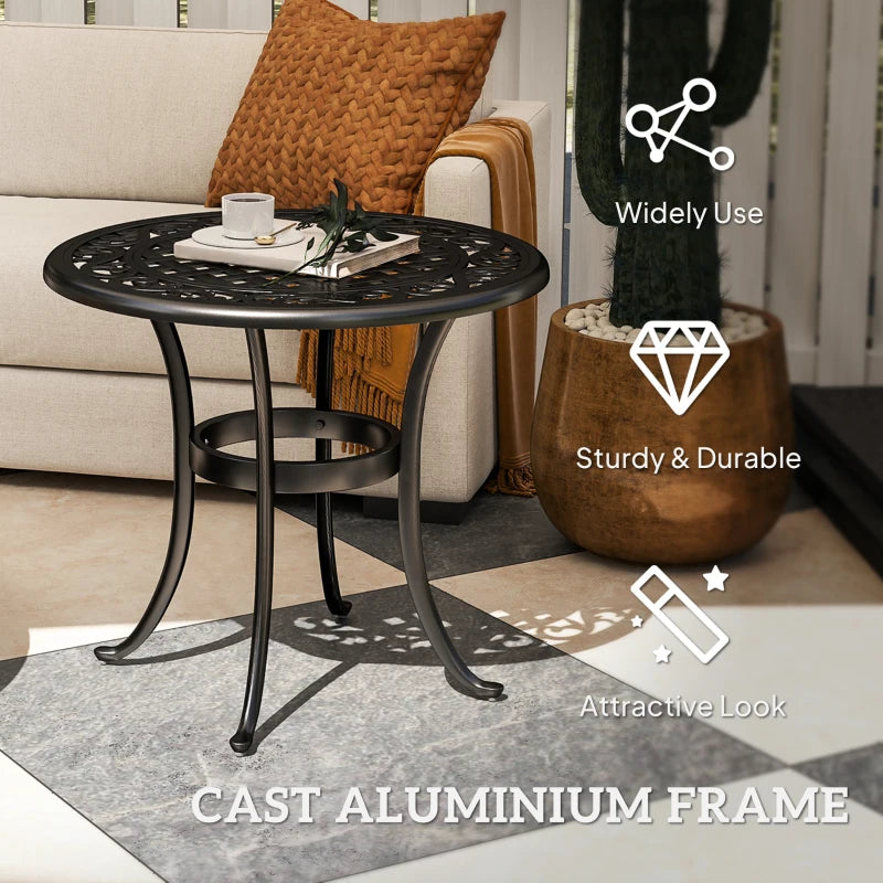 60cm Black Round Garden Table - Outdoor Hollow Top Design Side Table with Cast Aluminium Frame for Patio, Garden, Balcony