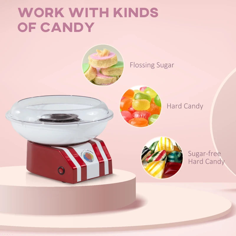 Retro Candy Floss Machine for Kids & Adults - 550W Cotton Candy Maker with 10 Sticks, Non-Slip Base, Red & White