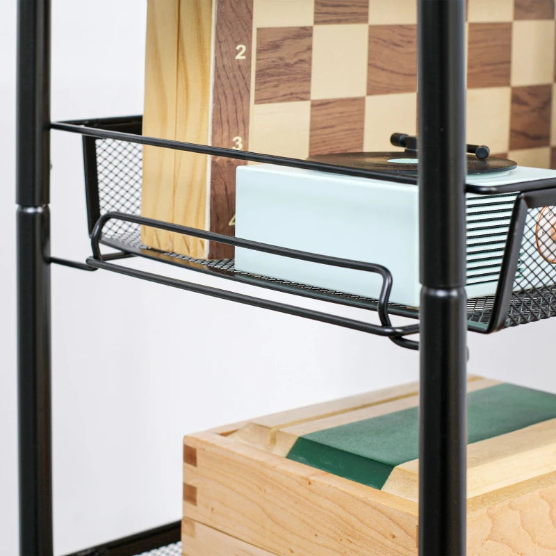 Five-Steel Mesh Storage Trolley with Wheels - Black Basket Organizer for Home, Office, and Kitchen