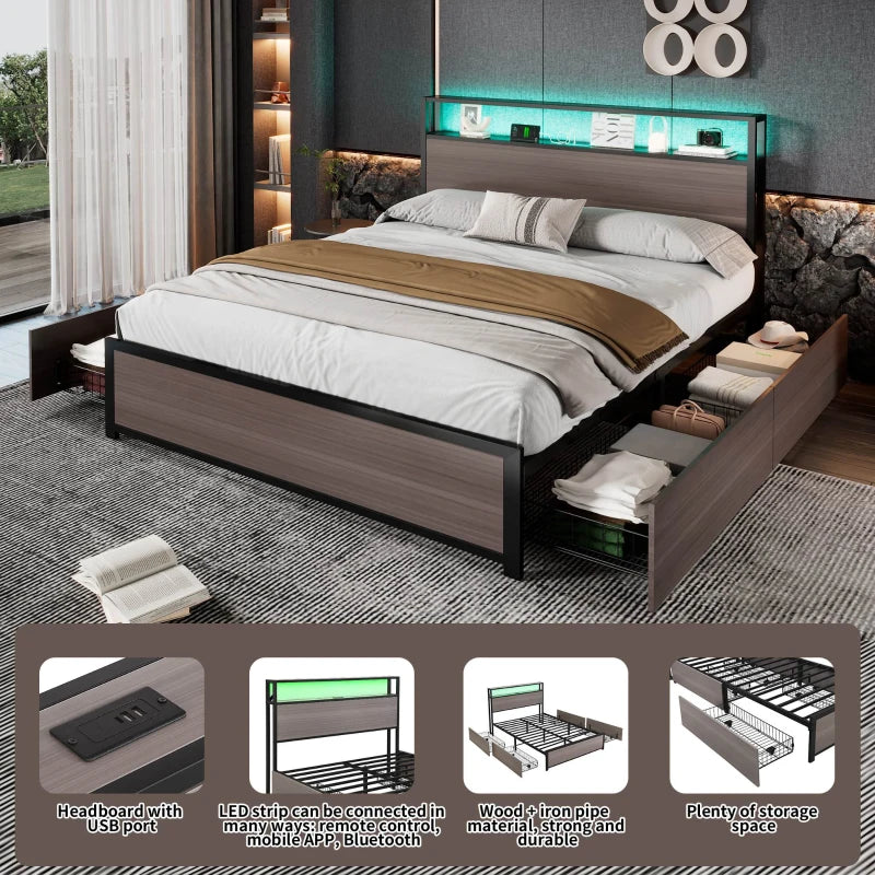 Metal Double Bed with LED Light Strip, 4 Drawers & 3 USB Ports - Stylish Gray Bedroom Furniture, 207x135.5x105 cm