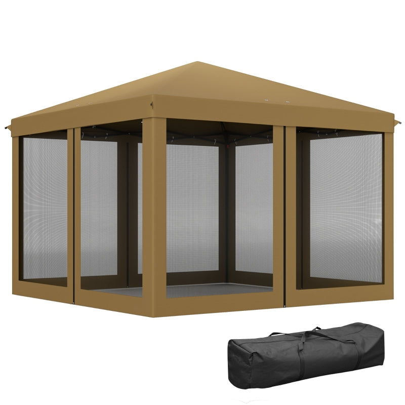 3m x 3m Khaki Pop Up Gazebo - 420D Garden Tent Canopy with Removable Mesh Sidewall Netting & Carry Bag for Outdoor Patio