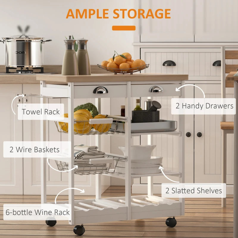 Rolling Kitchen Island Trolley Cart with Drawer, Shelves, Basket, Wheels & 6-Bottle Wine Rack - Stylish White Design