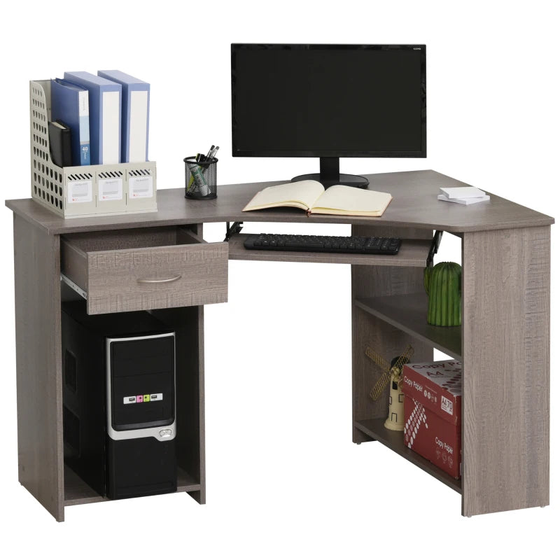 L-Shaped Corner Computer Desk with 2 Shelves, Keyboard Tray, Drawer & CPU Stand - Grey Home Office Furniture