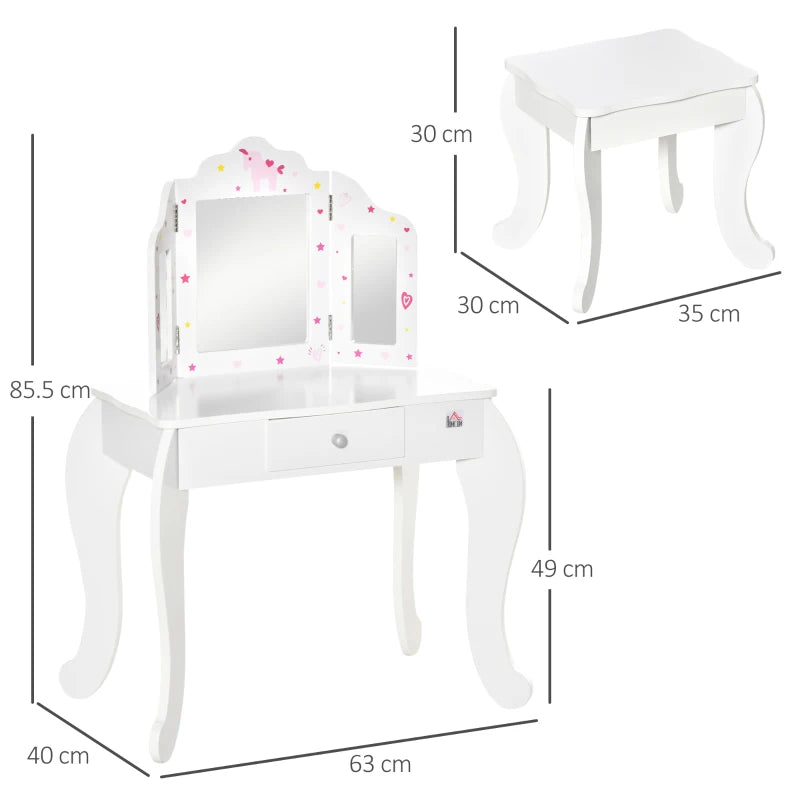 Kids Vanity Table Set with Tri-Folding Mirror and Stool Makeup Dressing Table with Drawer White