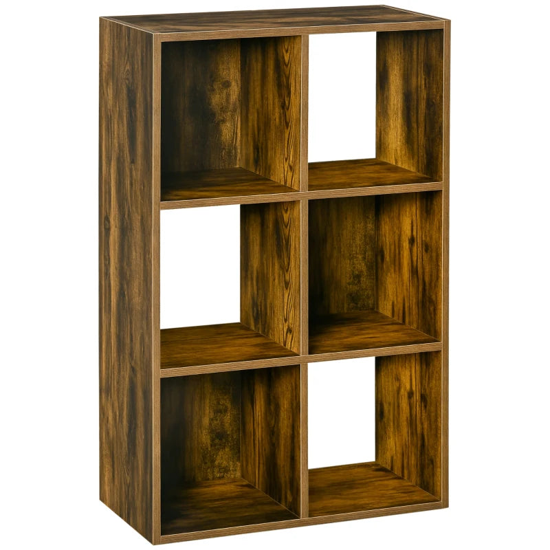 Industrial Style 6-Compartment Storage Shelf - Rustic Brown Freestanding Bookcase for Living Room & Home Study