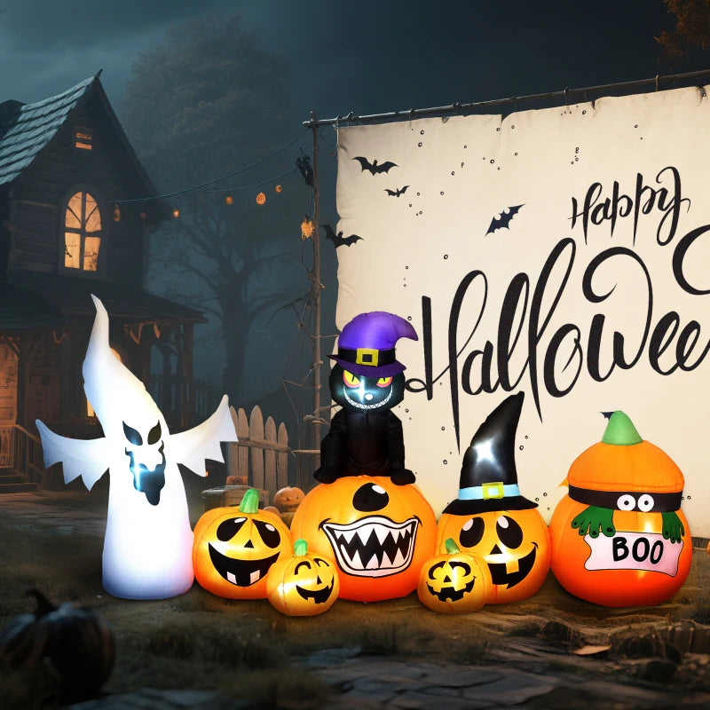 8FT Halloween Inflatables Combo - Pumpkin, Ghost & Cat with 9 LEDs - Self-Inflating Outdoor Decorations for Garden Party