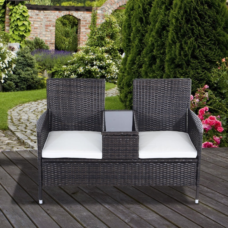 Brown Rattan 2-Seater Chair Set with Middle Tea Table