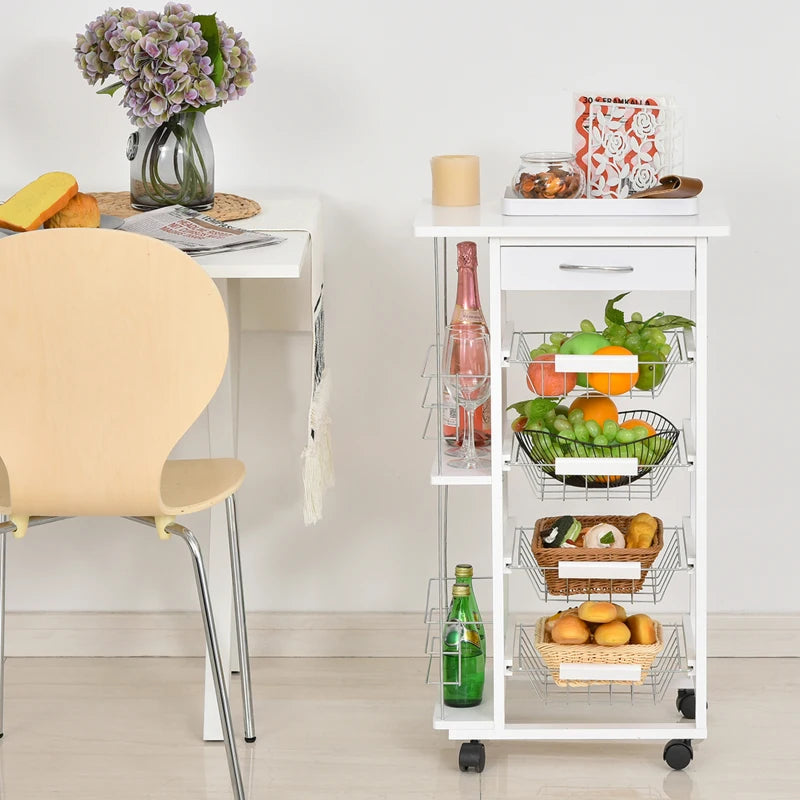 Rolling Kitchen Cart with 4 Basket Drawers & Side Racks - Mobile Utility Storage Cart on Wheels for Dining Room - White
