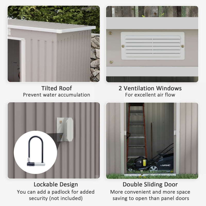 7ft x 4ft Grey Lean to Metal Garden Shed With Foundation Kit, Double Doors & Air Vents
