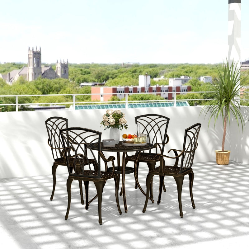 5-Piece Bronze Outdoor Garden Dining Set for 4 - Cast Aluminium Round Table with Parasol Hole and 4 Armchairs