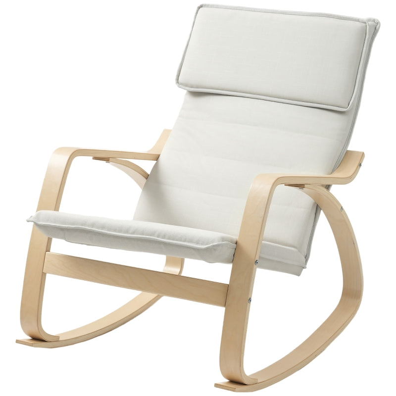 Comfortable Upholstered Rocking Chair with High Back and Headrest for Living Room and Bedroom in Cream White