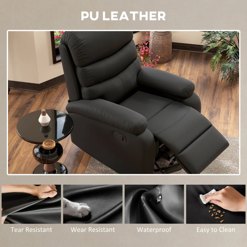 Comfortable PU Leather Reclining Chair with Padded Armrests and Retractable Footrest, Stylish Black Wood Frame