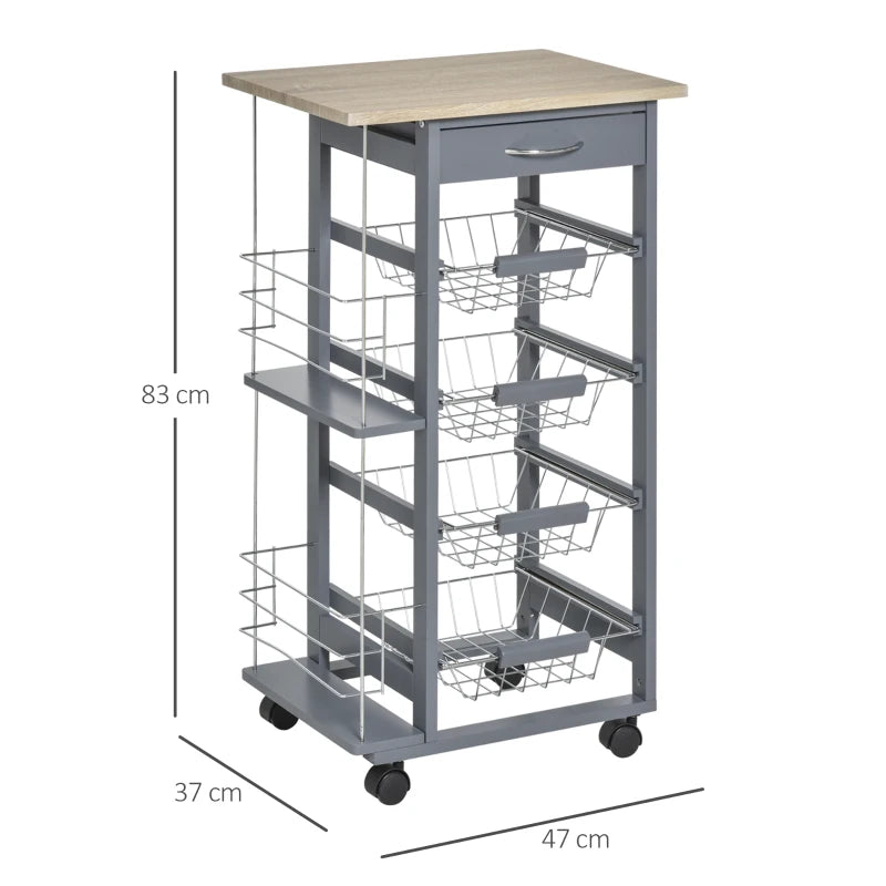 Rolling Kitchen Cart with 4 Basket Drawers & Side Racks - Utility Storage on Wheels for Dining Room - Grey