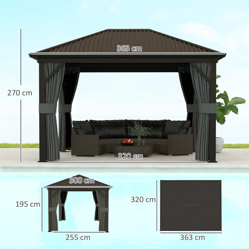 Dark Grey 3.6m x 3m Aluminium Frame Hardtop Gazebo with Accessories