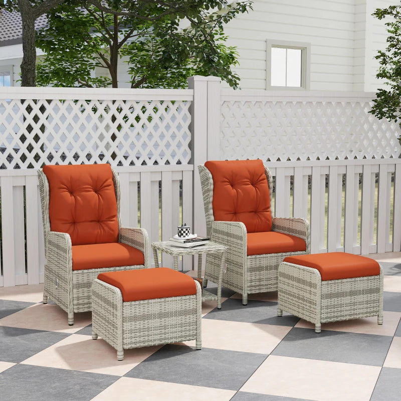 5-Piece Orange Rattan Bistro Set - Adjustable Back Reclining Wicker Balcony Furniture with Cushions, Glass Top Coffee Table and Footstools - Outdoor Table and Chairs