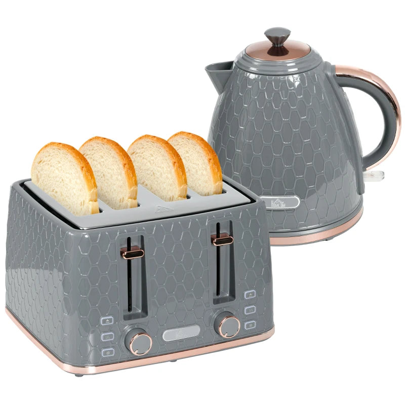 1.7L 3000W Fast Boil Kettle & 4 Slice Toaster Set - Grey, 7 Browning Controls, Crumb Tray, Kitchen Essentials